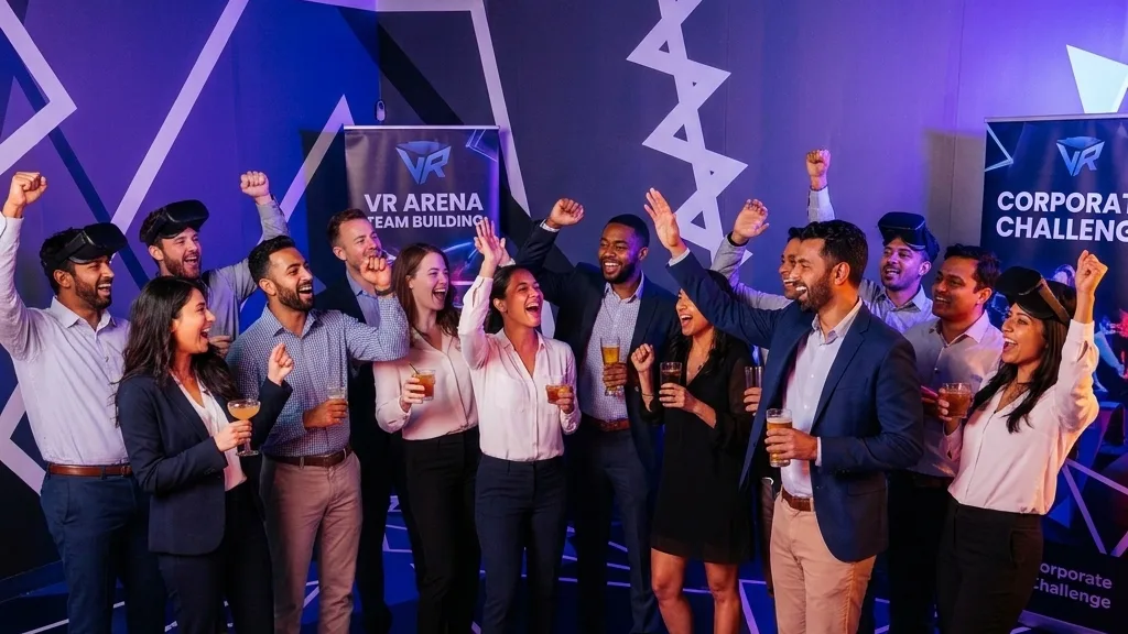 Coworkers cheering with drinks at a corporate party in the VR arena