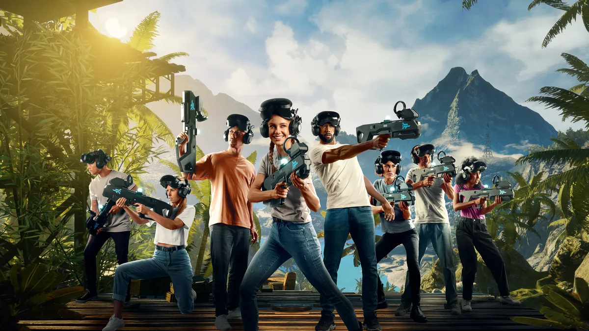 Squad of players in VR gear in the jungle world of Far Cry VR